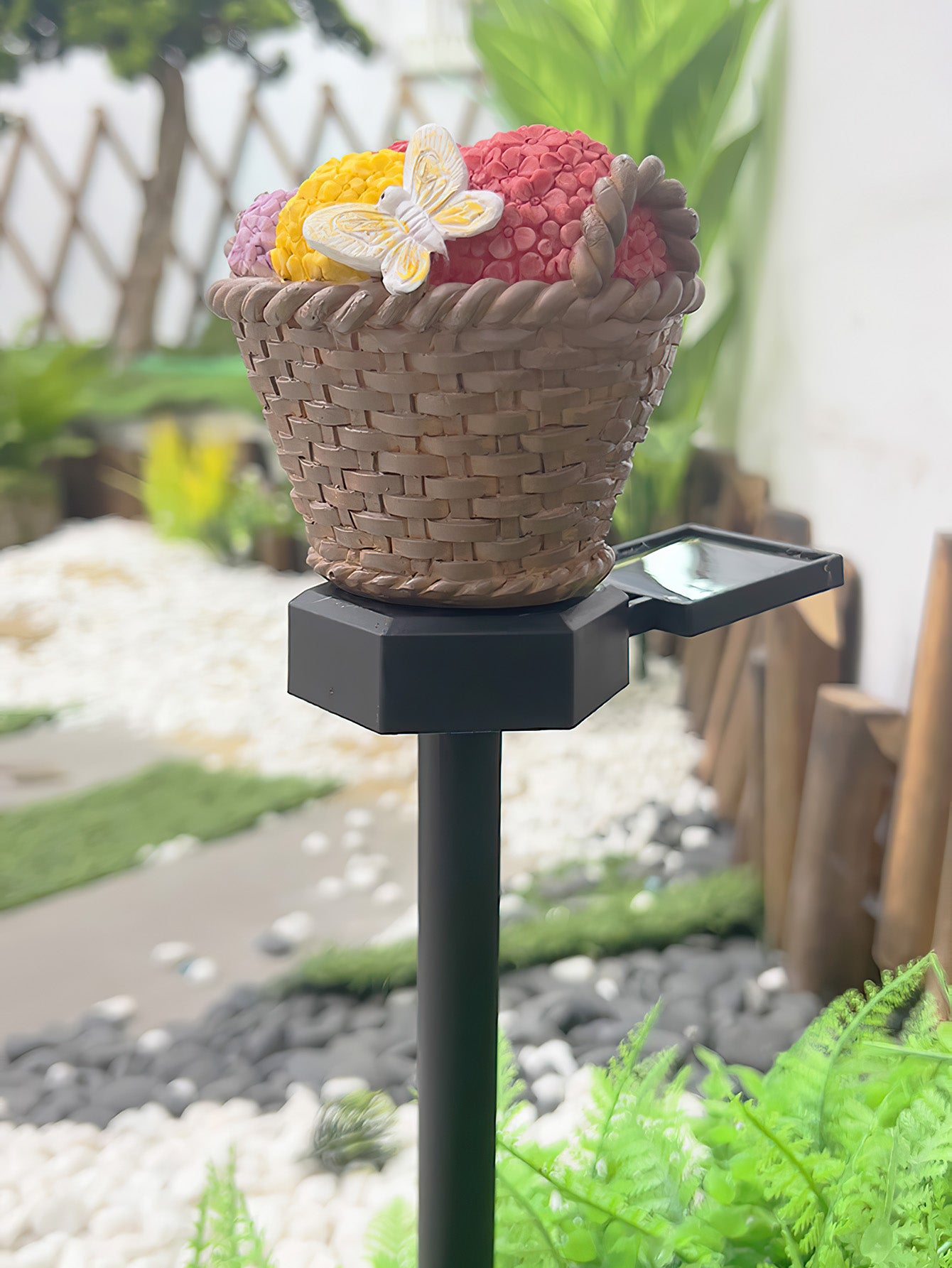 Solar powered flower basket ground mounted outdoor courtyard light