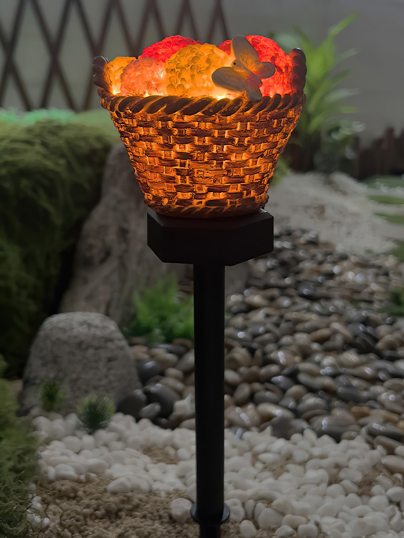 Solar powered flower basket ground mounted outdoor courtyard light