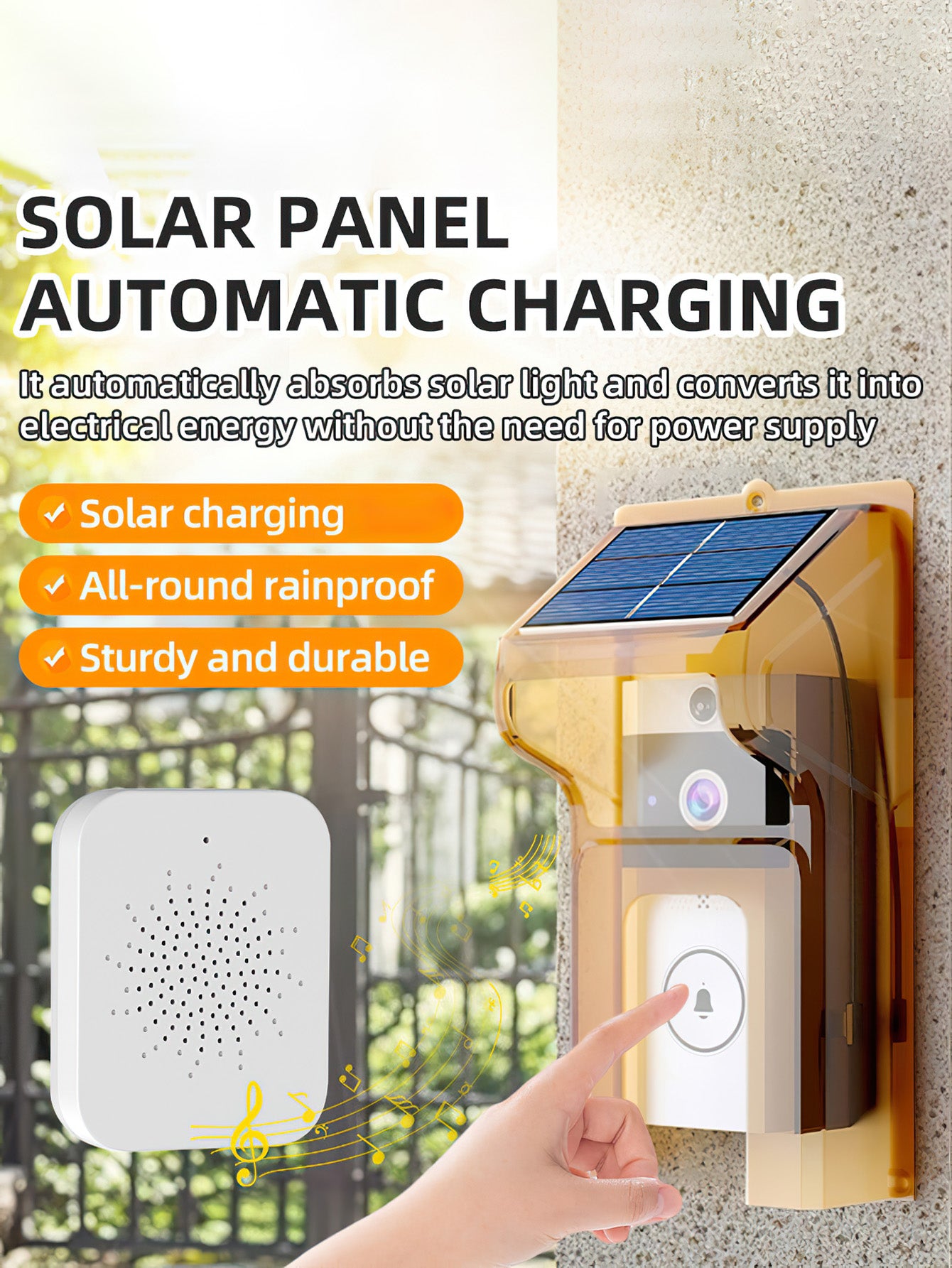 Wireless video doorbell with solar rain cover, ultra long standby voice changing intercom monitoring camera