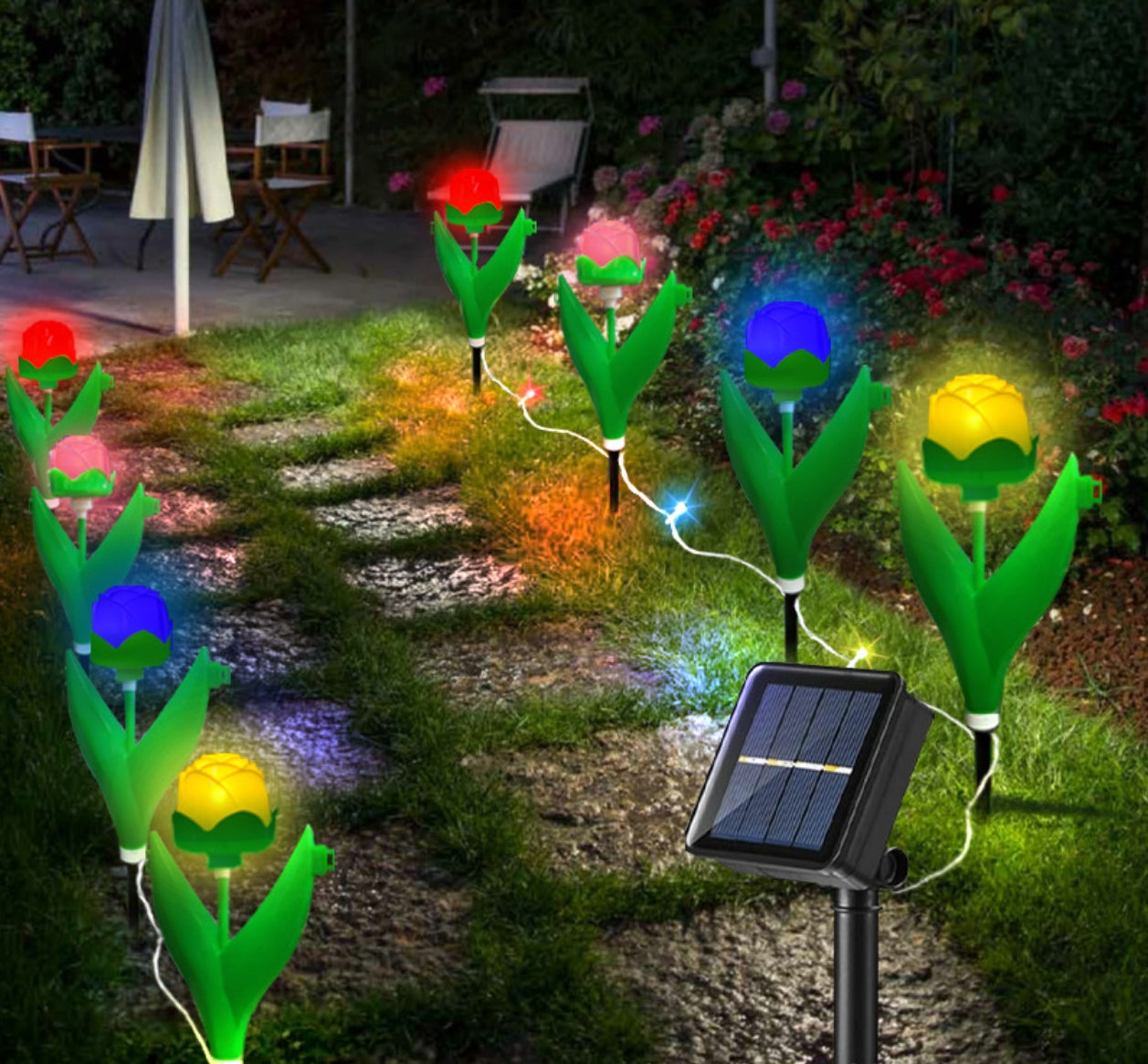 A set of 4 colorful rose outdoor solar lights