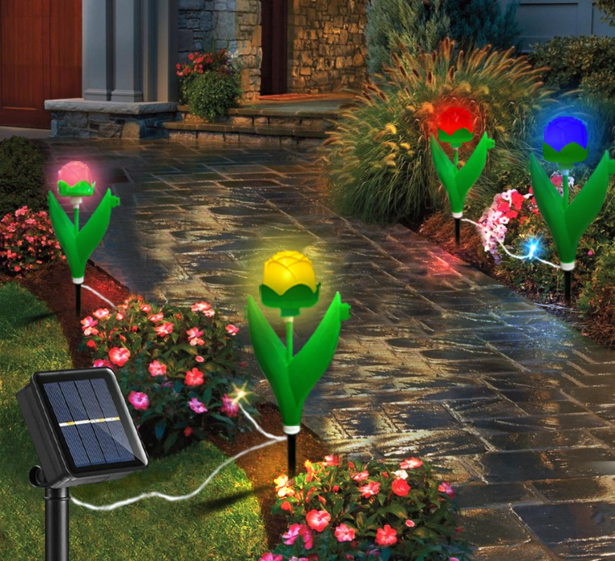 A set of 4 colorful rose outdoor solar lights